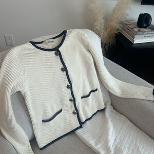 Moon River Cream ribbed cotton Cardigan with Navy Trim gold button old money